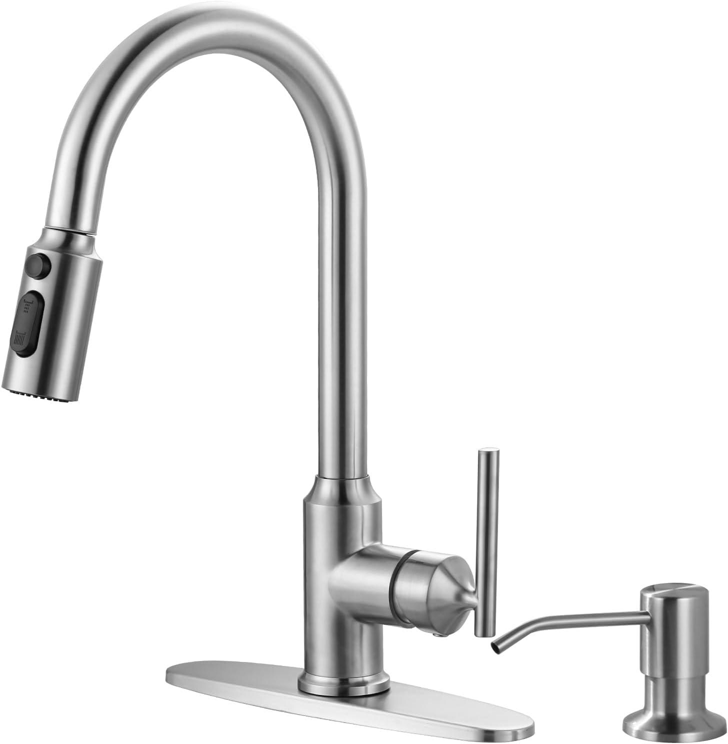 Brushed Nickel Stainless Steel Pull Down Kitchen Faucet with Soap Dispenser