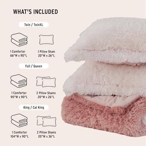 Intelligent Design King/Cal King Shaggy Faux Comforter Set, Long Fur Wave Spring Comforter Bedding Set, 3-Piece Striped Ombre Design Warm Bed Set, Blush
