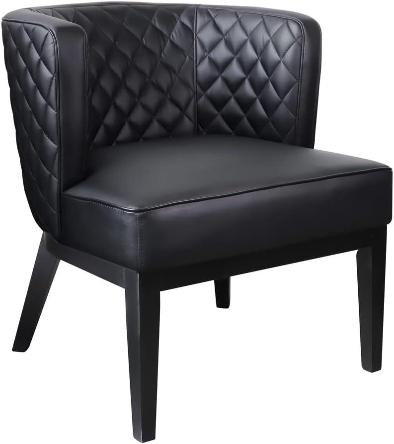 Elegant Quilted Black Leather Barrel Accent Chair with Wood Base