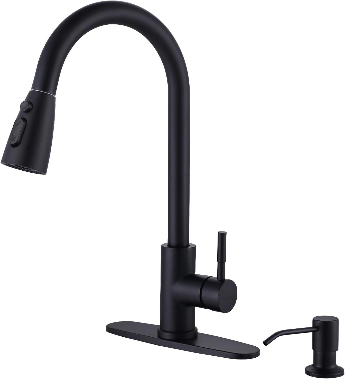 WOWOW Pull Down Kitchen Sink Faucet with Sprayer Stainless Steel Black 1 Handle Kitchen Faucets