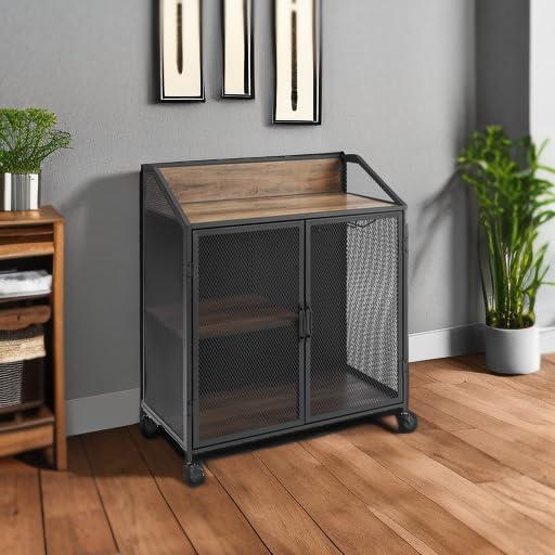 Walker Edison Industrial Bar Cabinet with Wheels, Reclaimed Barn wood