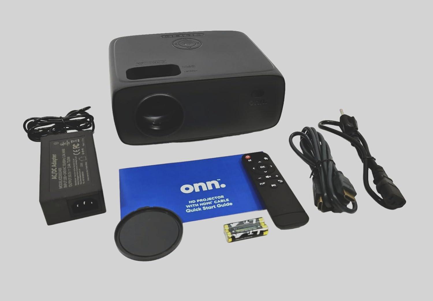 Restored ONN 720P HD Home Theater Projector with 6' HDMI Cable, Black, HDMI/USB/MicroSD/AV - Indoor & outdoor use 100096801 (Refurbished)