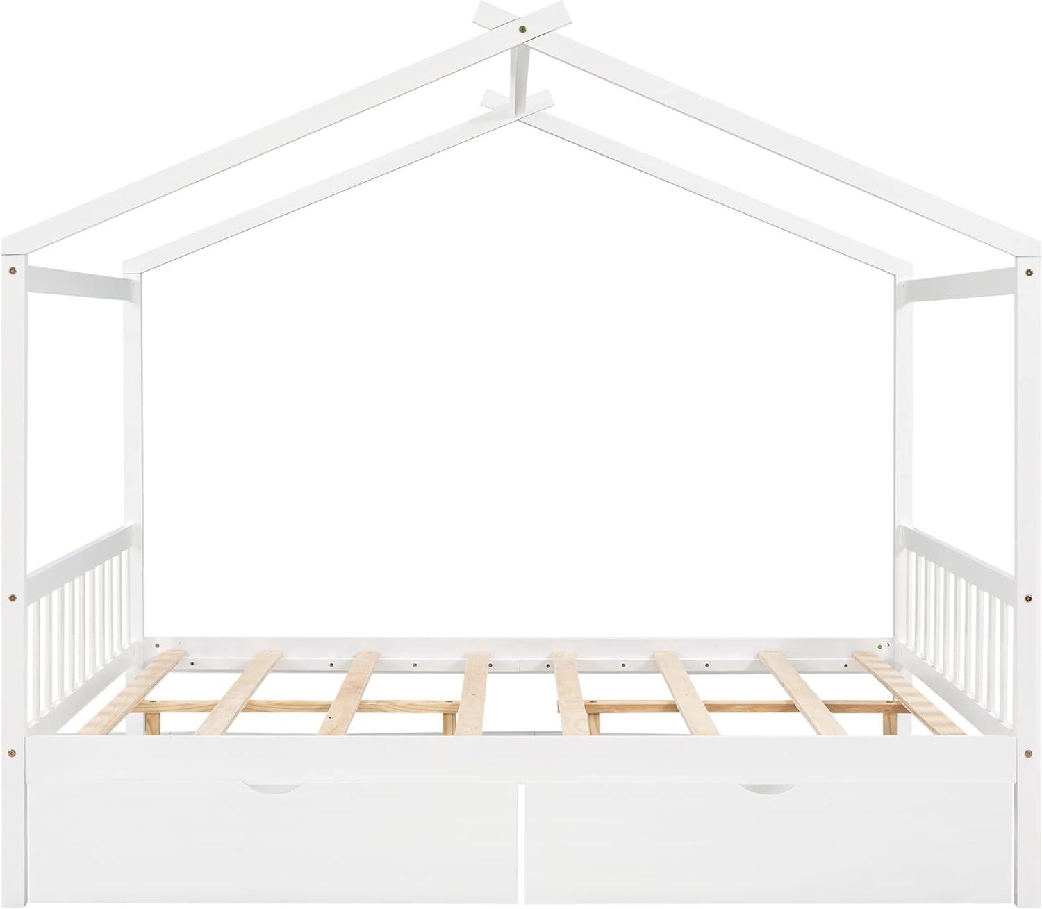 Kumix Platform Bed with Two Drawers, Wooden House Platform Bed Full Size with Headboard and Footboard, Roof Design for Kids Teens Boys and Girls, Noise-Free, No Box Spring Needed, White