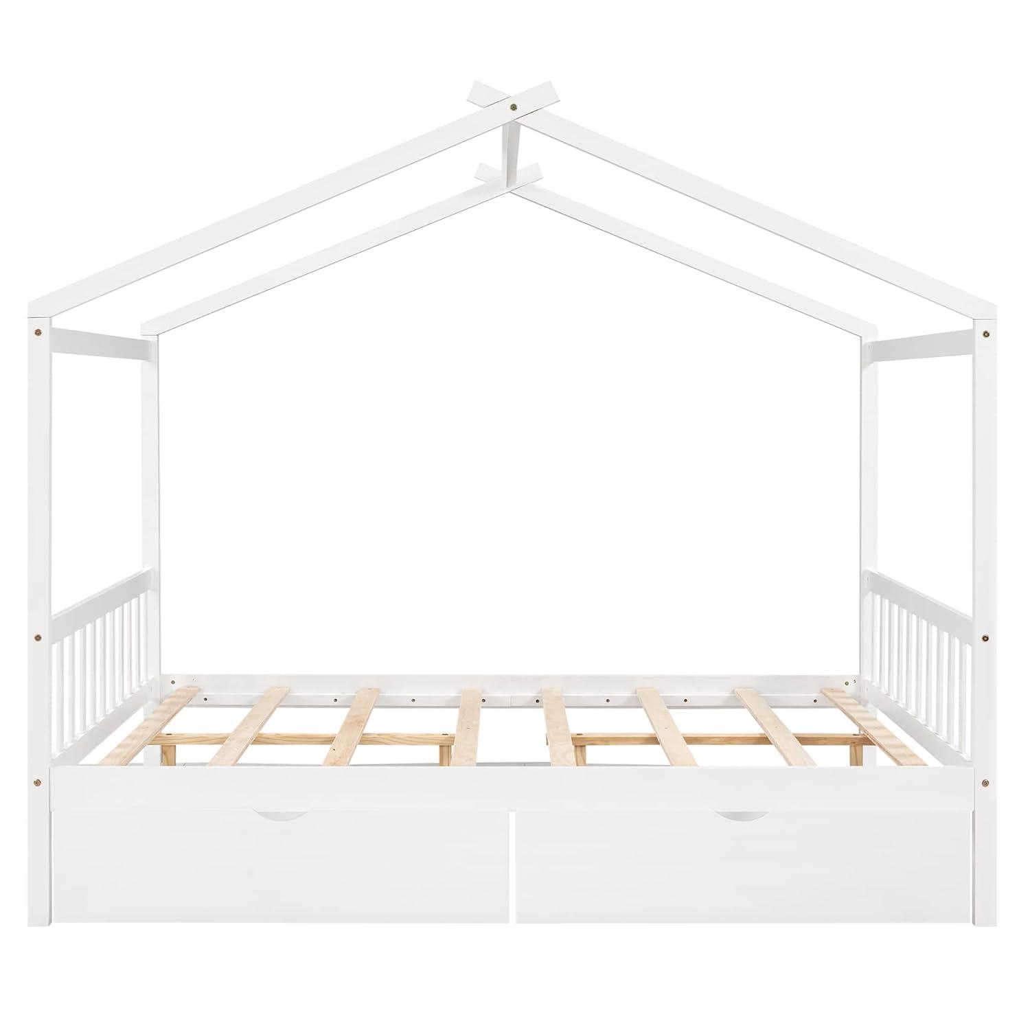 Kumix Platform Bed with Two Drawers, Wooden House Platform Bed Full Size with Headboard and Footboard, Roof Design for Kids Teens Boys and Girls, Noise-Free, No Box Spring Needed, White