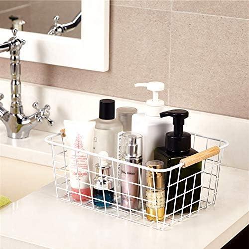 White Powder Coated Metal Wire Baskets with Wooden Handles - Set of 2