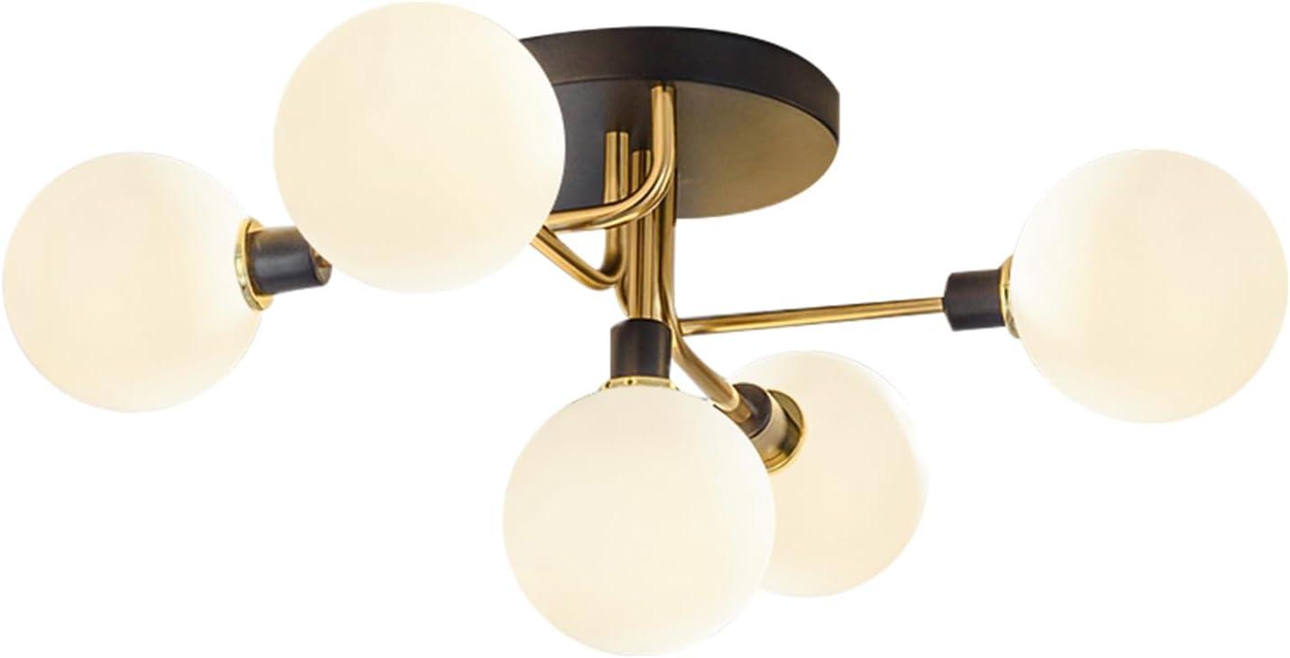 Mid Century Modern 5 Lights Milk Glass Globe Ceiling Light Black And Brass Semi Flush Mount Bathroom Sputnik Ceiling Light Fixture