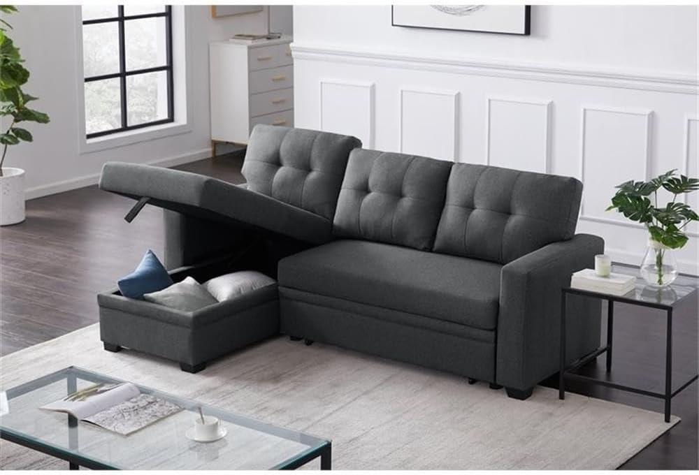 Devion Furniture Polyester Fabric Reversible Sleeper Sectional Sofa in Dark Gray