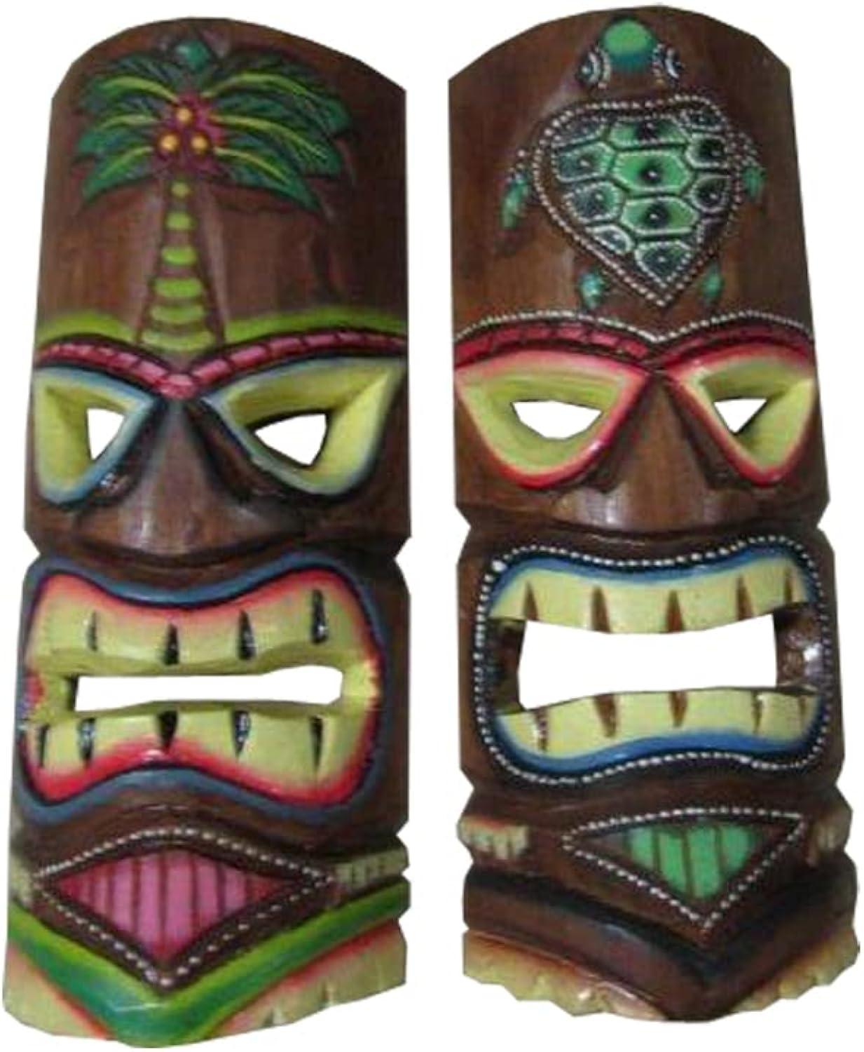 J.D. Yeatts 12 inch Carved Wood Surfer Tiki Masks Wall Hanging Beach (Set of 2)