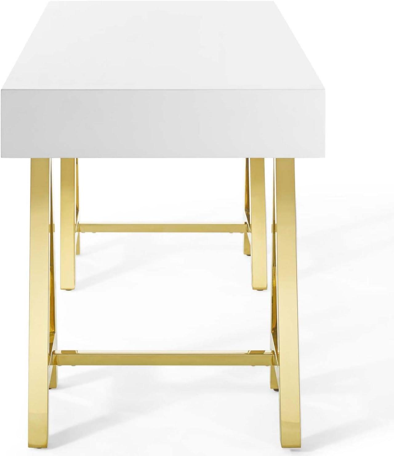 Sleek Gold & White Retro Modern Office Desk with Drawers