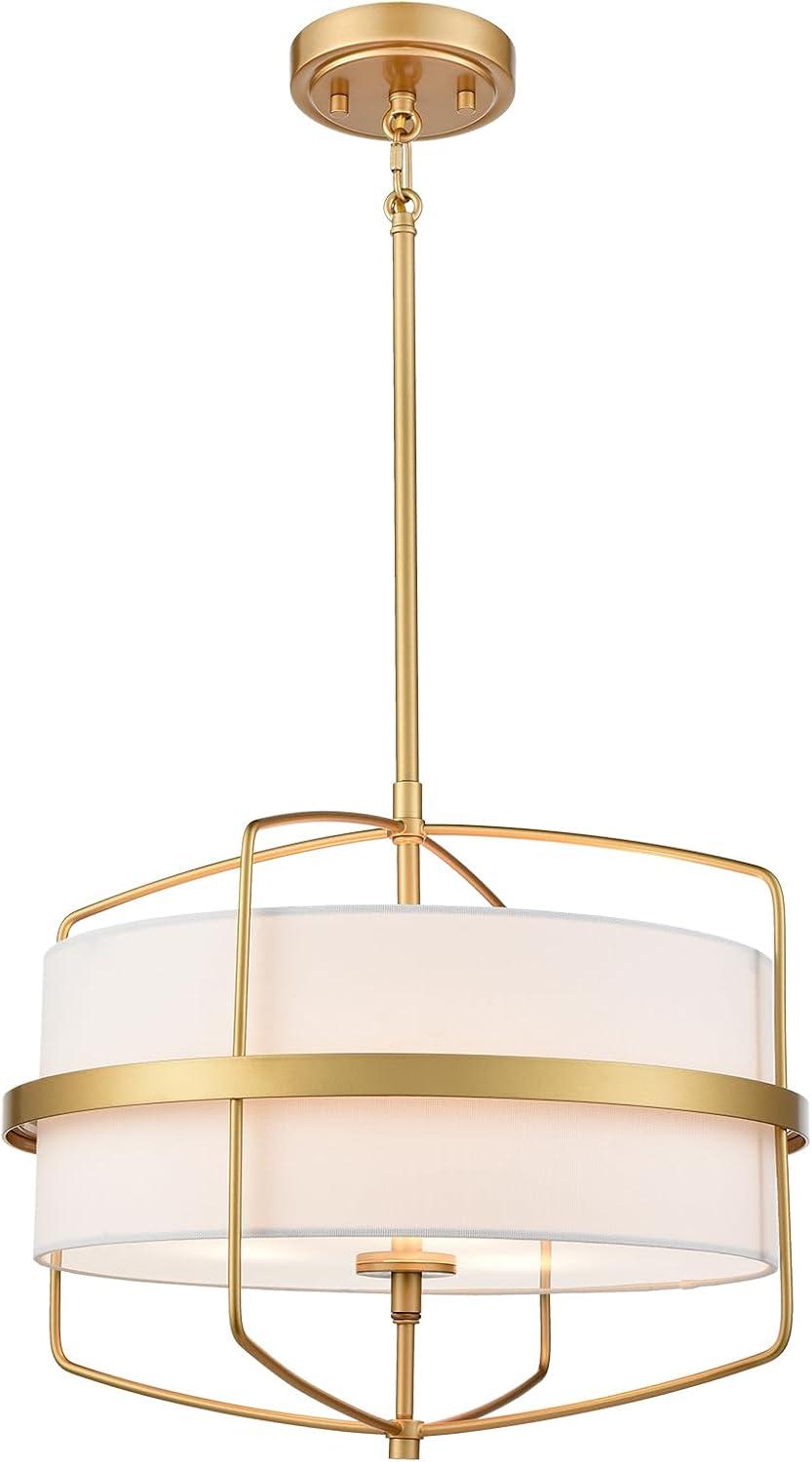 Modern Gold 3-Light Drum Pendant with White Fabric Shade