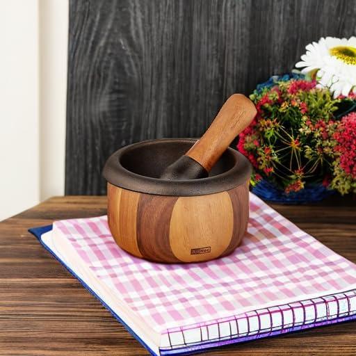 AdHoc Crush Cast Iron and Acacia Wood Mortar & Pestle, Brown & Black 5"