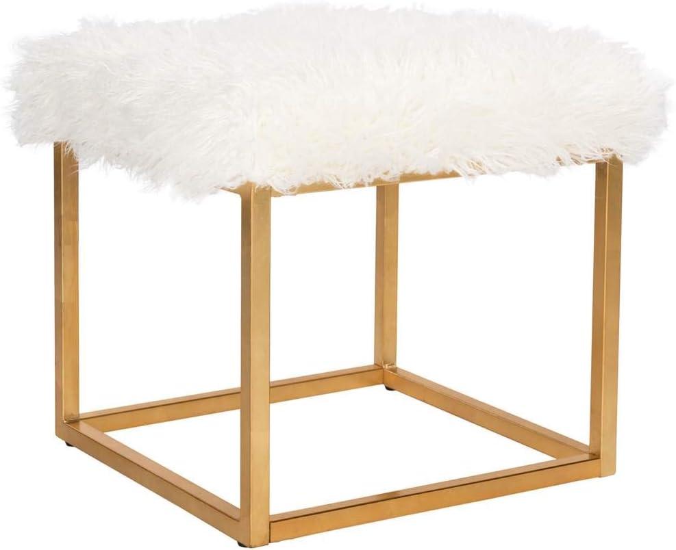 SAFAVIEH Rowan Contemporary Modern Glam Square Ottoman, White/Gold