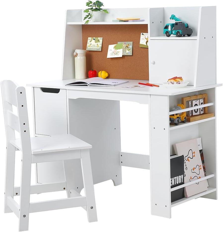 Soonbuy Kids Desk, Wooden Study Desk and Chair Set for Children, Writing Desk with Storage for 3-8 Yrs Boys Girls,White