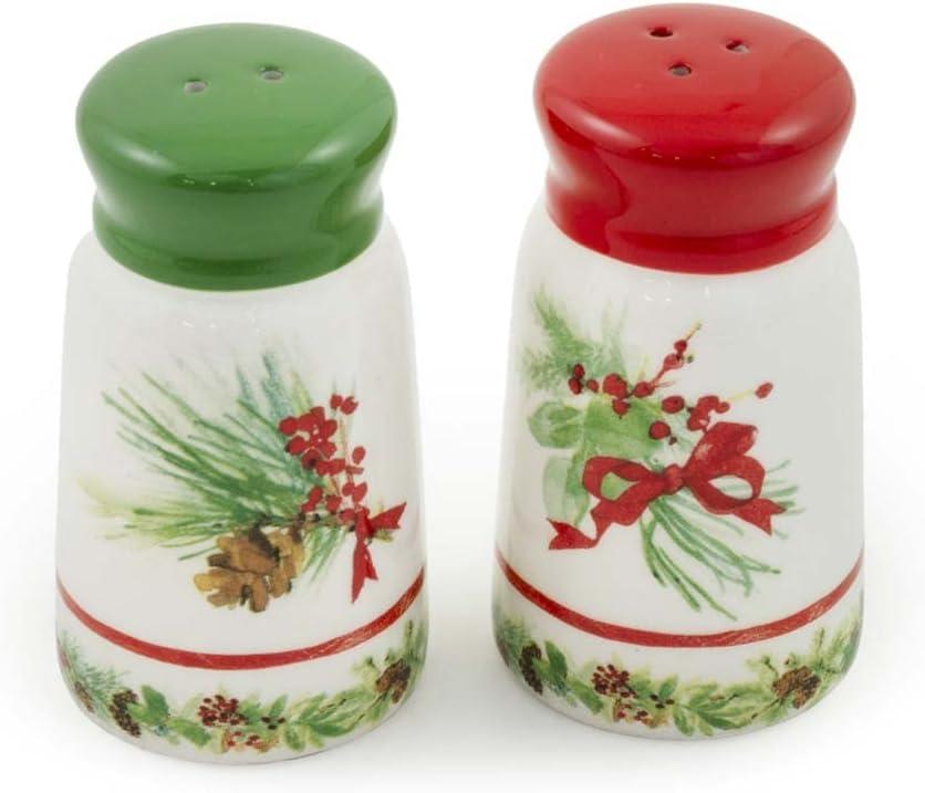Holiday Ceramic Cylindrical Salt & Pepper Shakers, Red and Green