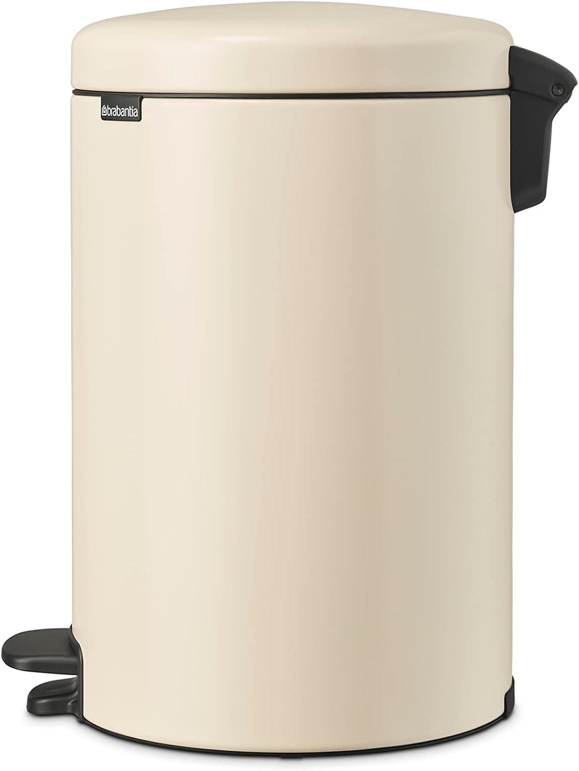 Soft Beige Round Plastic Step-On Kitchen Trash Can, 5.3 Gallons