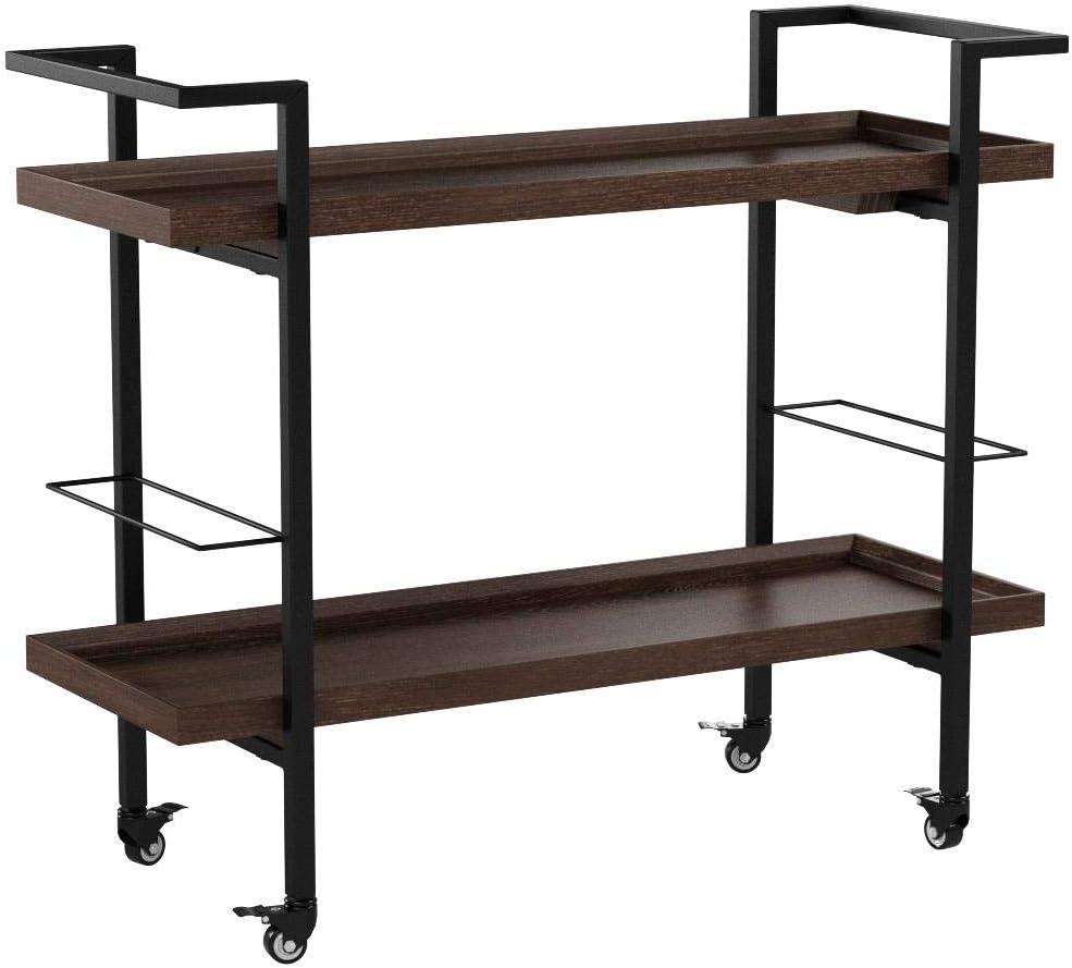 GDFStudio Harrison Industrial Faux Wood and Iron Bar Cart with Wheels, Dark Walnut