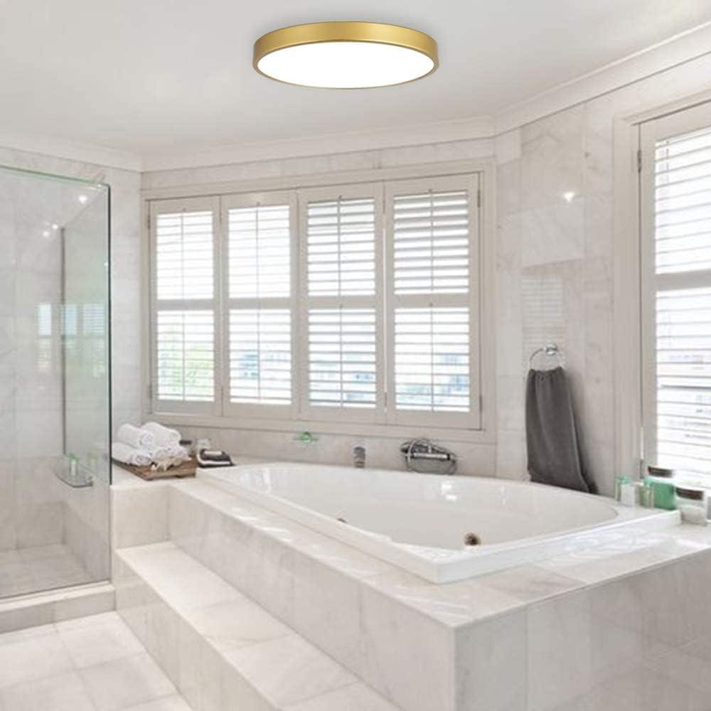 Brushed Gold 9 Inch Flush Mount Ceiling Light, 3000K-5000K Dimmable, 20W Low Profile Metal LED Ceiling Light, Round Flat Pane Surface Mount Lighting Fixture