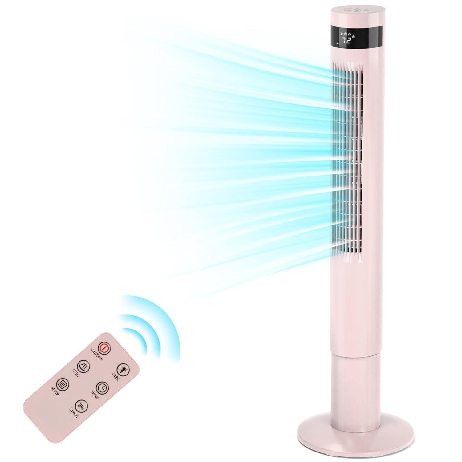 Antarctic Star Tower Fan Portable Floor Fans 85°Oscillating Fan 43'' Quiet Cooling 12H Timer Remote Control Standing Bladeless Electric 3 Speeds Wind 3 Modes Bedroom Office(43 inch, Pink)