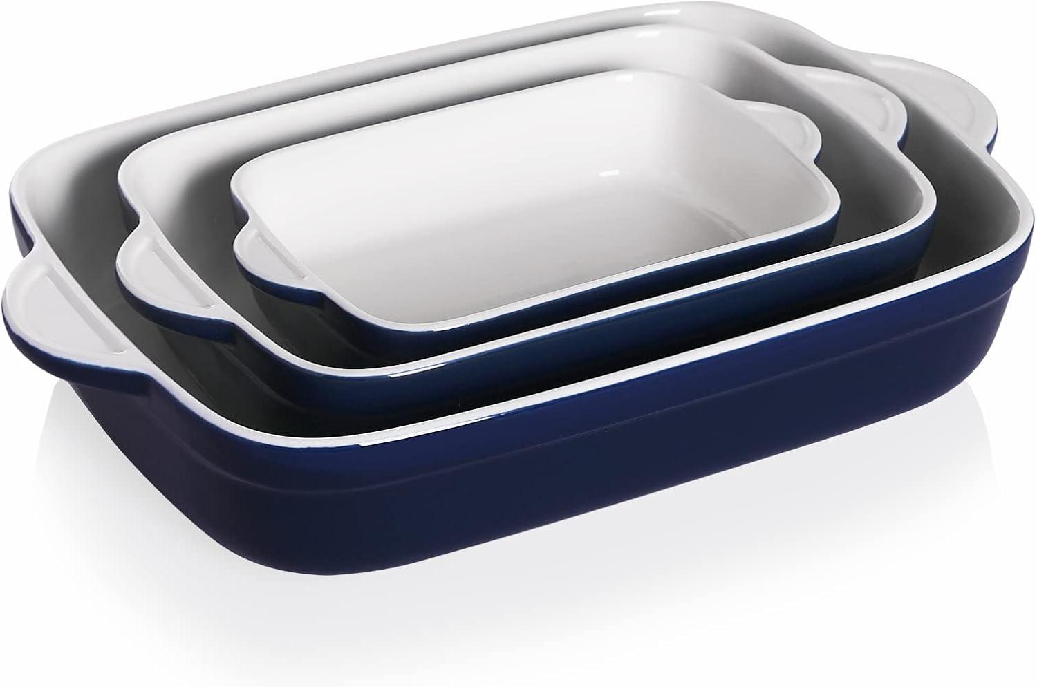 SWEEJAR Rectangular Ceramic Bakeware Set, Non-Stick Roasting Pan with Handles Baking Dishes,Casserole Pans for Cake Dinner, Set of 3 - Navy