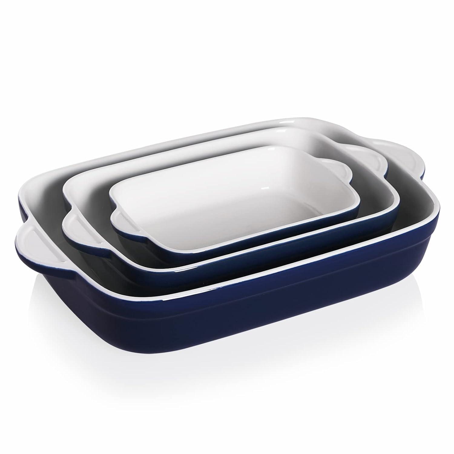 SWEEJAR Rectangular Ceramic Bakeware Set, Non-Stick Roasting Pan with Handles Baking Dishes,Casserole Pans for Cake Dinner, Set of 3 - Navy