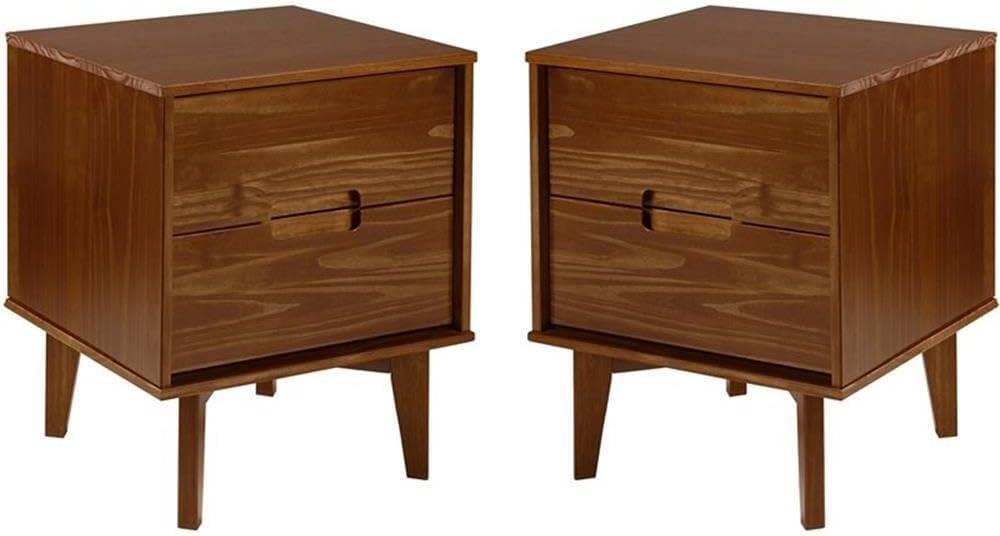 Mid-Century Modern Walnut Pine 2-Drawer Nightstand Set