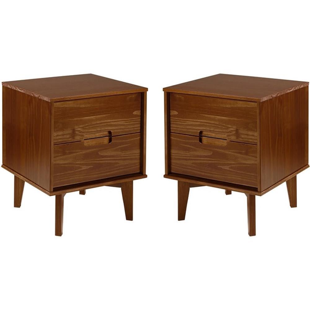 Mid-Century Modern Walnut Pine 2-Drawer Nightstand Set