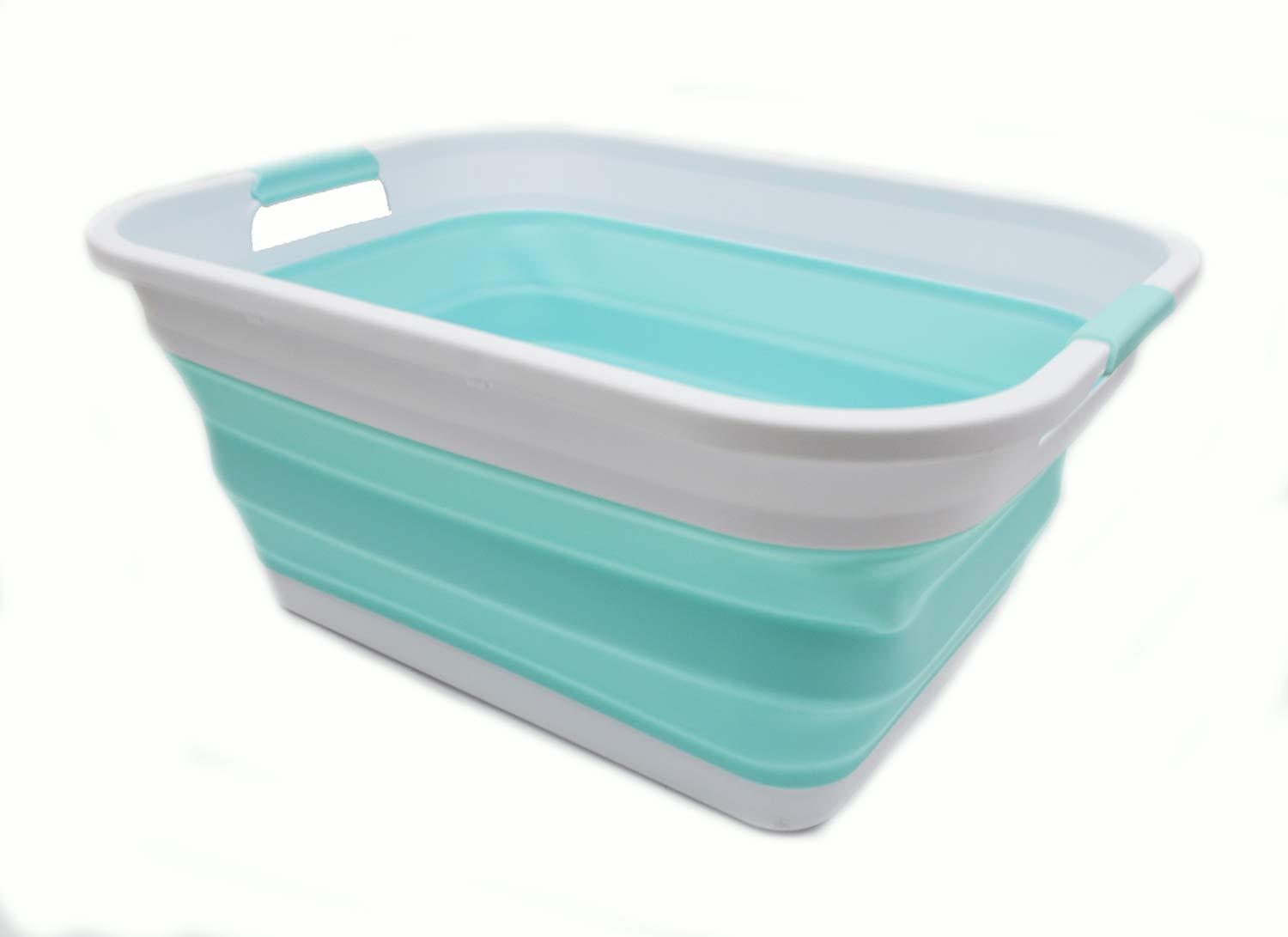 SAMMART 41L (10.8 gallon) Collapsible Plastic Laundry Basket, White/Lake Green