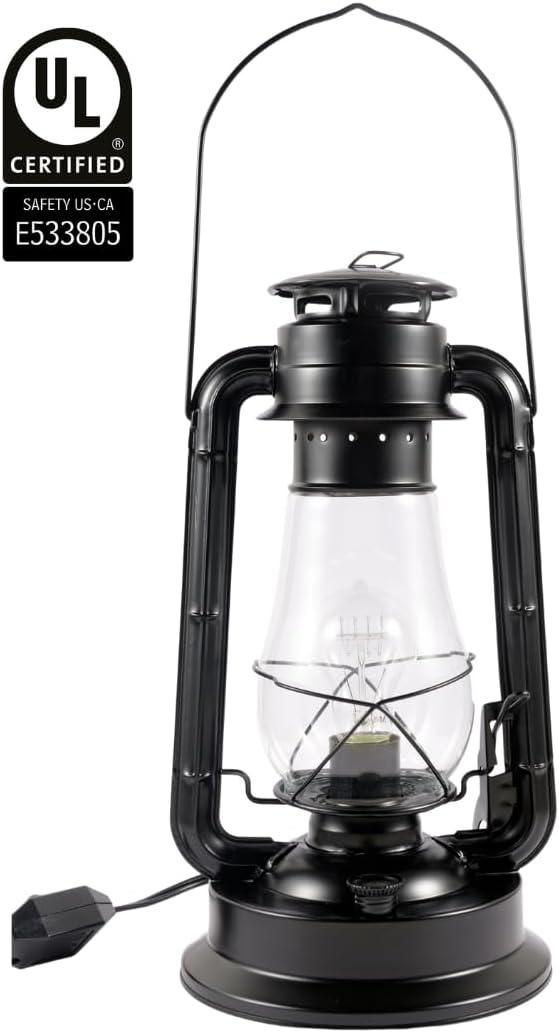 Electric Lantern Table Lamp with Inline dimmer and Edison Style Vintage Bulb-Rustic Black Finish by Muskoka Lifestyle Products, USA