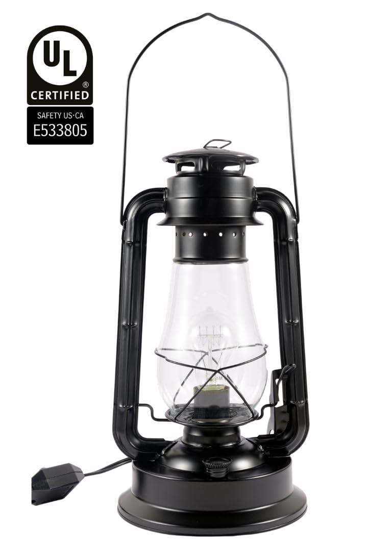 Electric Lantern Table Lamp with Inline dimmer and Edison Style Vintage Bulb-Rustic Black Finish by Muskoka Lifestyle Products, USA