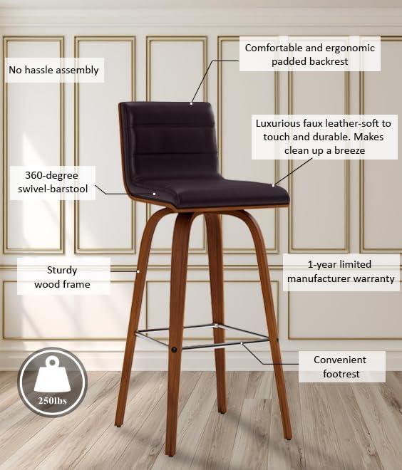 Armen Living 30" Vienna Faux Leather Barstool Brown: Mid-Century Modern, Wood Legs, Padded Back, Fixed Height