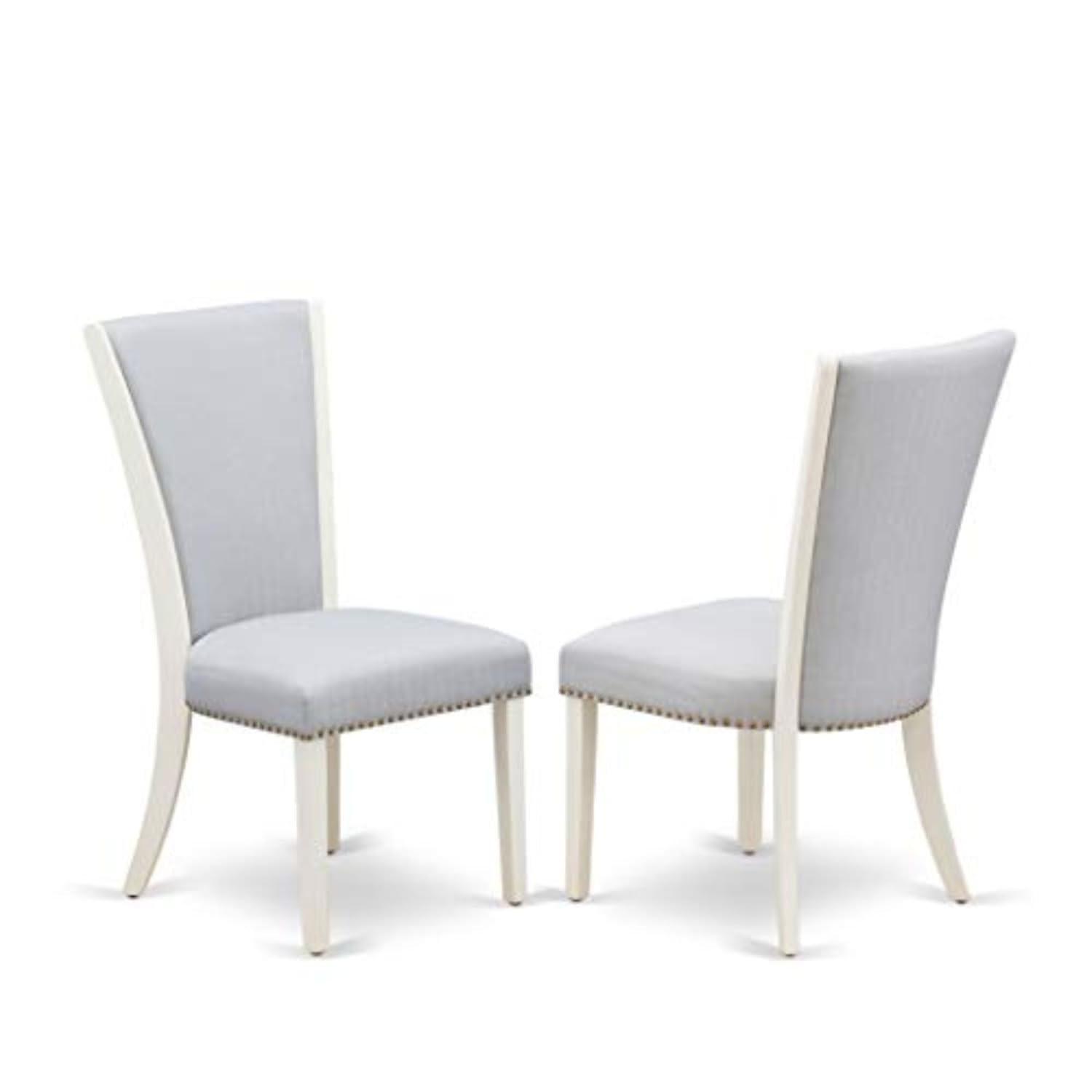 Verona Linen White Wood Frame Upholstered Chair with Gray Linen Fabric Seat with Nail Head & Stylish Back - Set of 2