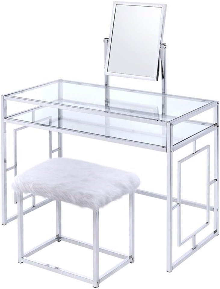 ACME Josh Vanity Table, Mirror, and Stool in White and Chrome