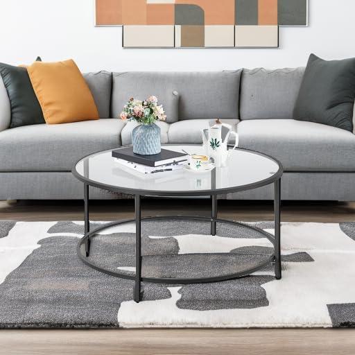 36" Round Glass Coffee Table, Black Circle Coffee Table Center Table with Glass Top, Small Coffee Table for Living Room, Office and Apartment