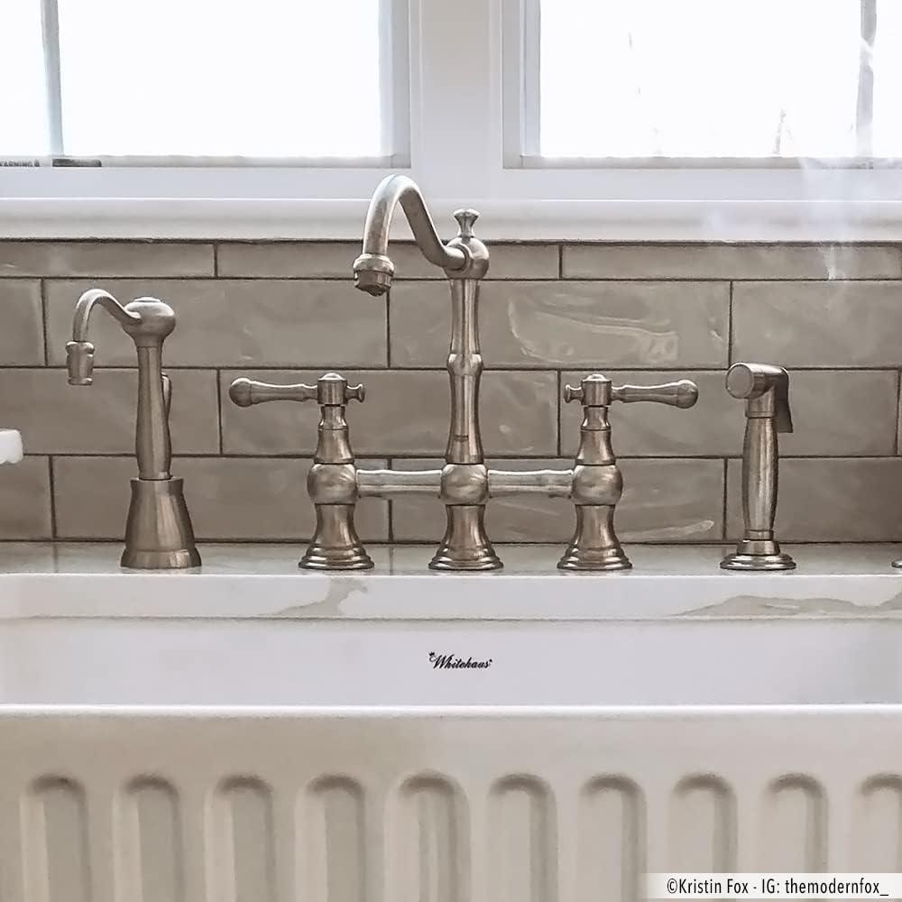 Whitehaus Collection Lead-Free Solid Stainless Steel Bridge Faucet with a Long Traditional Spout, Lever Handles and Side Spray