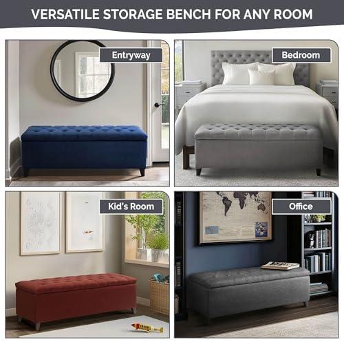 18" Shandra Bench Storage Ottoman with Tufted Top Blue - Home: Faux Leather, Rectangular, Wood Legs, Polyester Upholstered