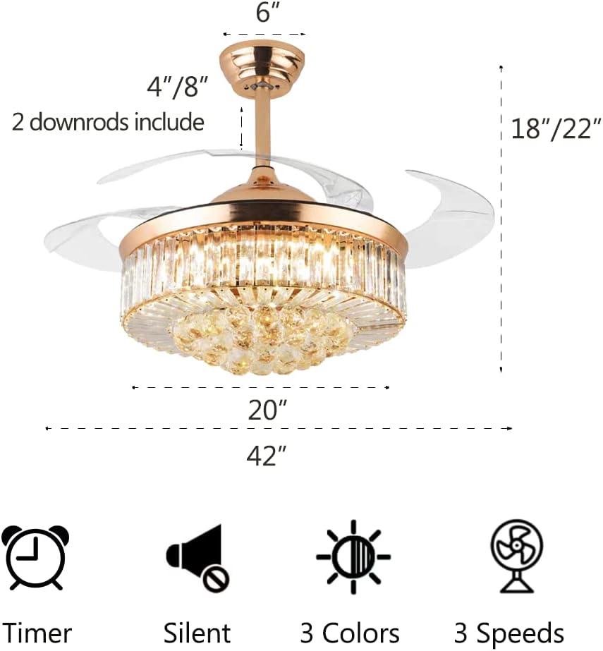 HOOMEDELIER 42" Chandelier Ceiling Fan with Remote, Crystal Beads Framed Fan with 4 Retractable Blades Smart Indoor Fandelier Fan