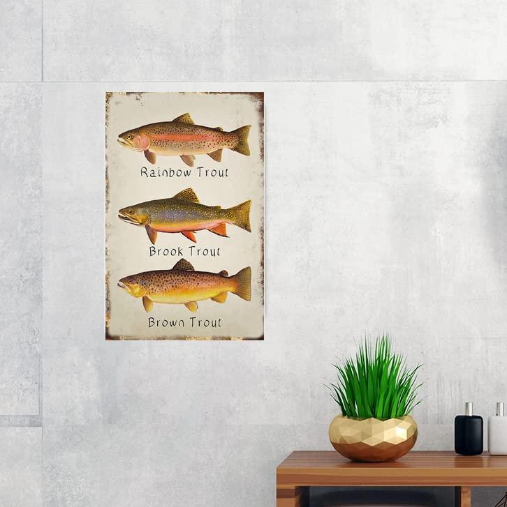 GCOCL Rainbow Trout Brook Trout Brown Trout Retro Metal Decor Wall Plaque Vintage Tin Sign for House Cafe Club Home Or Bar