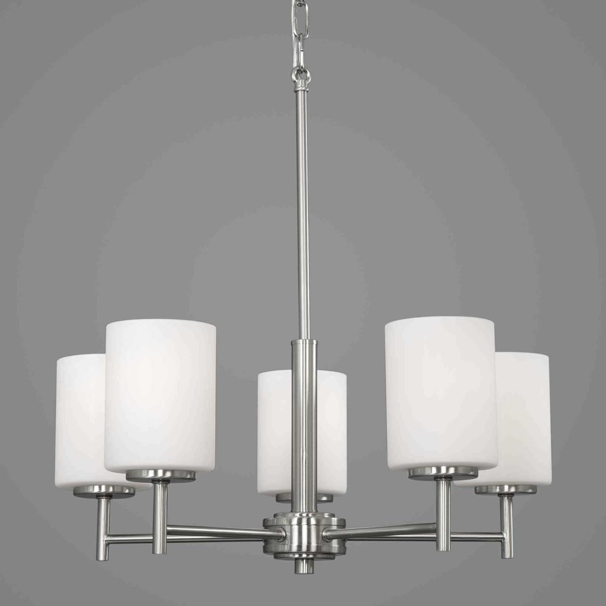 Progress Lighting Replay 5-Light Chandelier, Brushed Nickel, White Glass Shades