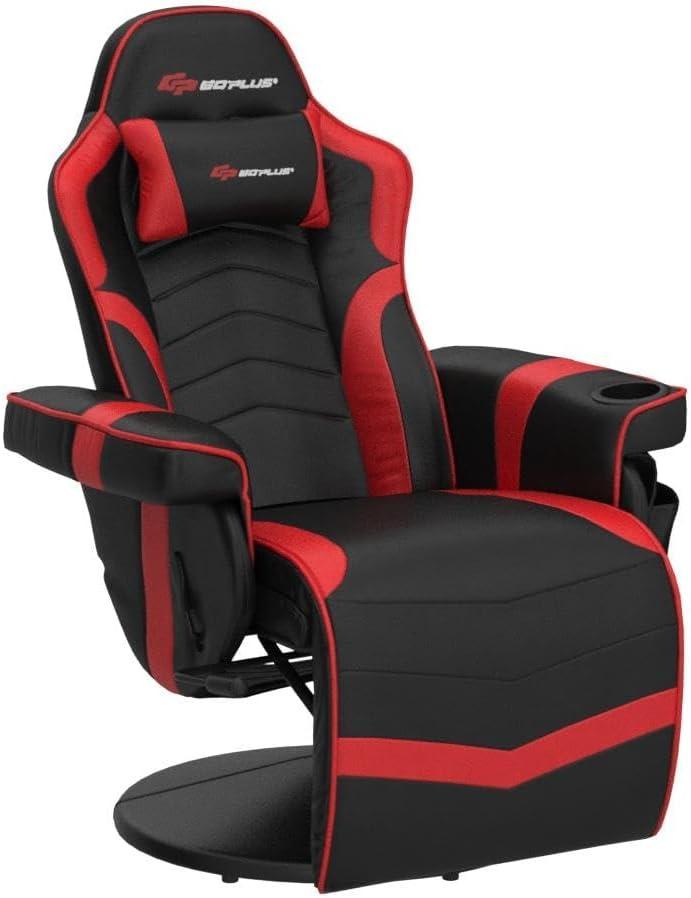 POWERSTONE Gaming Recliner Massage Gaming Chair with Footrest Ergonomic PU Leather Single Sofa with Cup Holder Headrest and Side Pouch, Adjustable Living Room Chair Seating, Red
