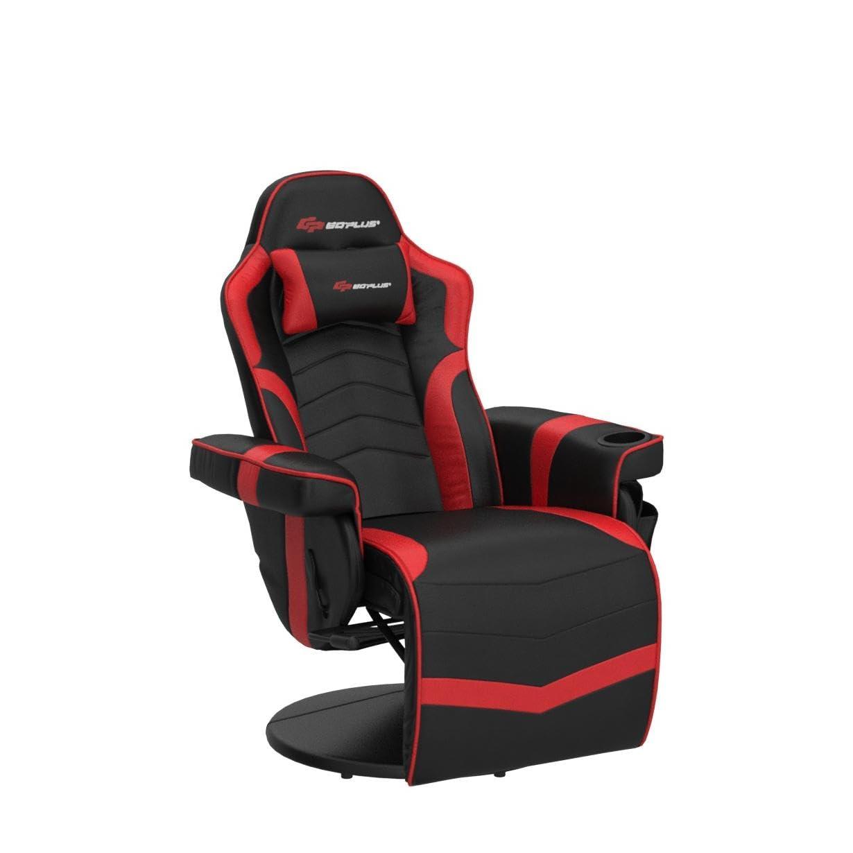 POWERSTONE Gaming Recliner Massage Gaming Chair with Footrest Ergonomic PU Leather Single Sofa with Cup Holder Headrest and Side Pouch, Adjustable Living Room Chair Seating, Red