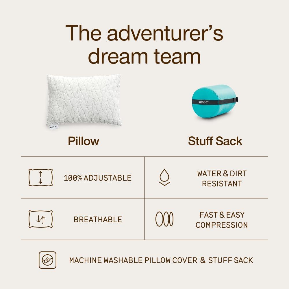 Coop Home Goods Adjustable Travel Pillow - 1 Camping Pillow and 1 Grey Pillowcase Bundle w/ Compressible Stuff Sack