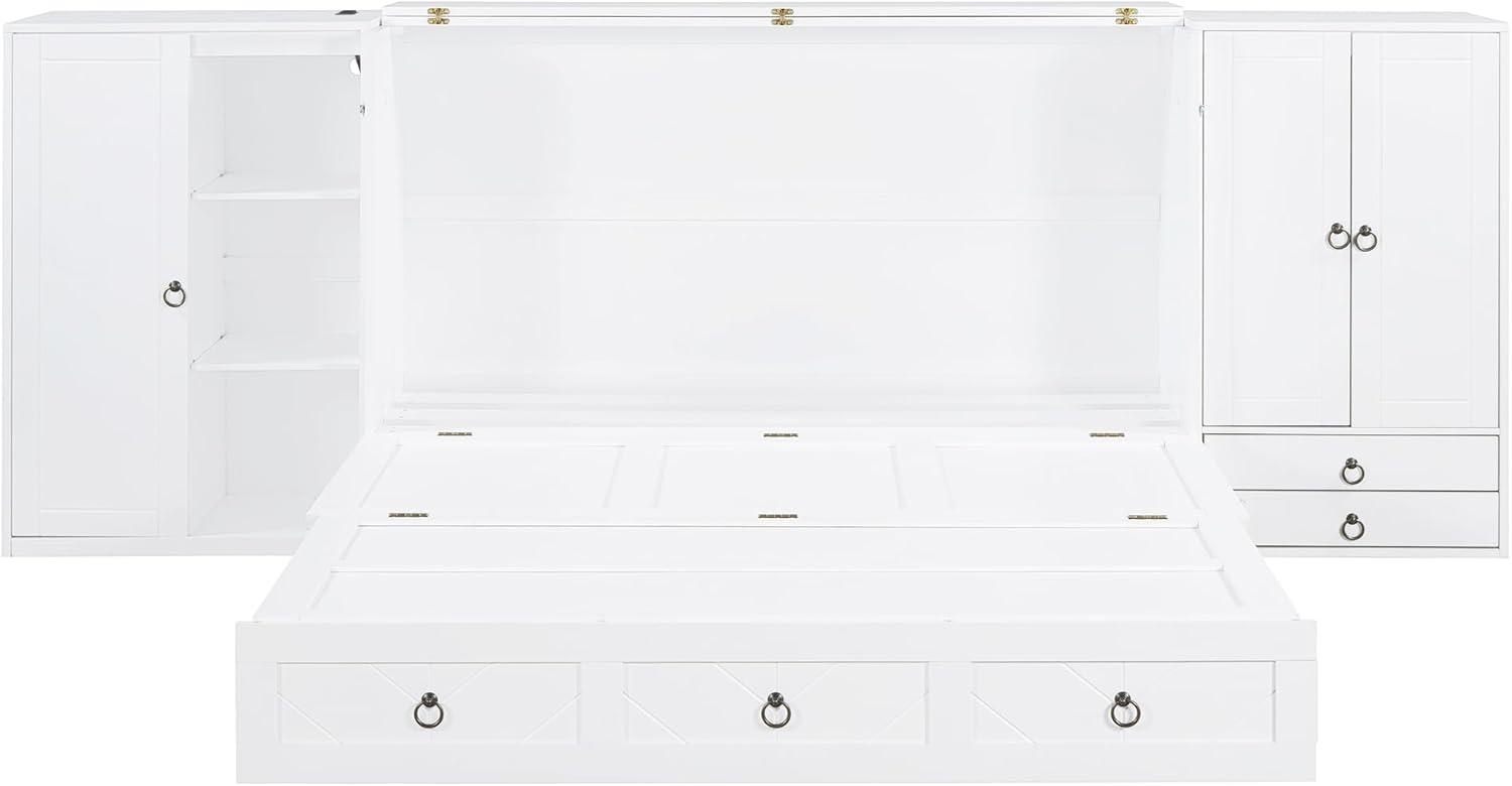 Queen Size Murphy Bed Wall Bed, Solid Pine Murphy Bed Chest Cube Cabinet Bed with USB, Charging Station, Bookshelves and Storage Wardrobes and Drawers for Home Office or Small Room-White