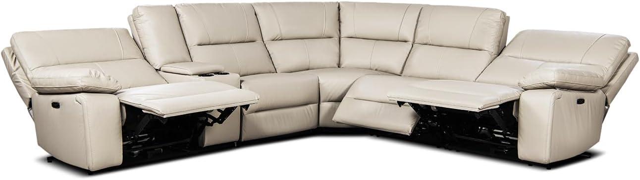 Jennifer Taylor Home Malibu 130" Modern Power Motion 6-Piece Reclining Corner Sectional with Cup Holders, Cream Taupe Beige Top Grain Leather