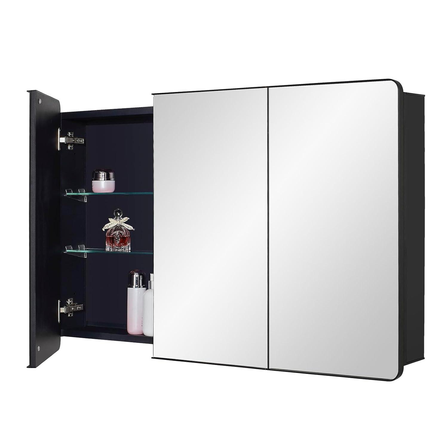 Black Bathroom Medicine Cabinet with Round Corner Framed Door, 40 x 25.5 inch, Recessed or Surface Mount, with Adjustable Glass Shelves