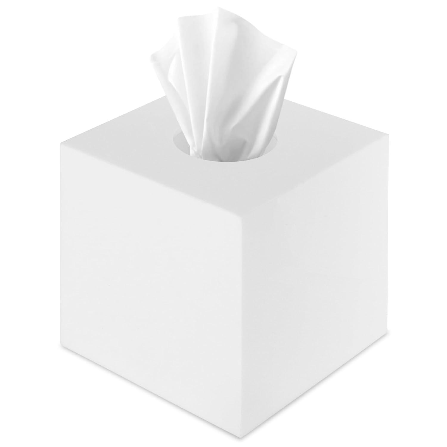 White Tissue Box Cover Square - Plastic Facial Tissue Box Holder - Decorative Cube Tissue Holder Dispenser Fits Any Vanity Countertop, Bedroom Dresser, Office, Bathroom Decor C33
