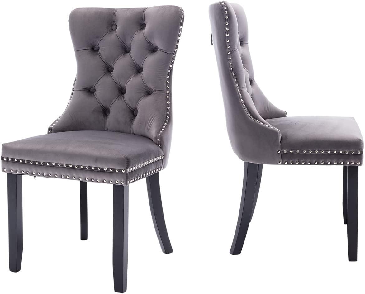 LegaHome Dining Room Chairs Set of 2, Modern Upholstered Velvet and PU Leather Dining Chair with Nailhead Trim and Solid Wood Legs, Tufted Button Padded Chairs Set for Kitchen Dining Room, Gray&Black