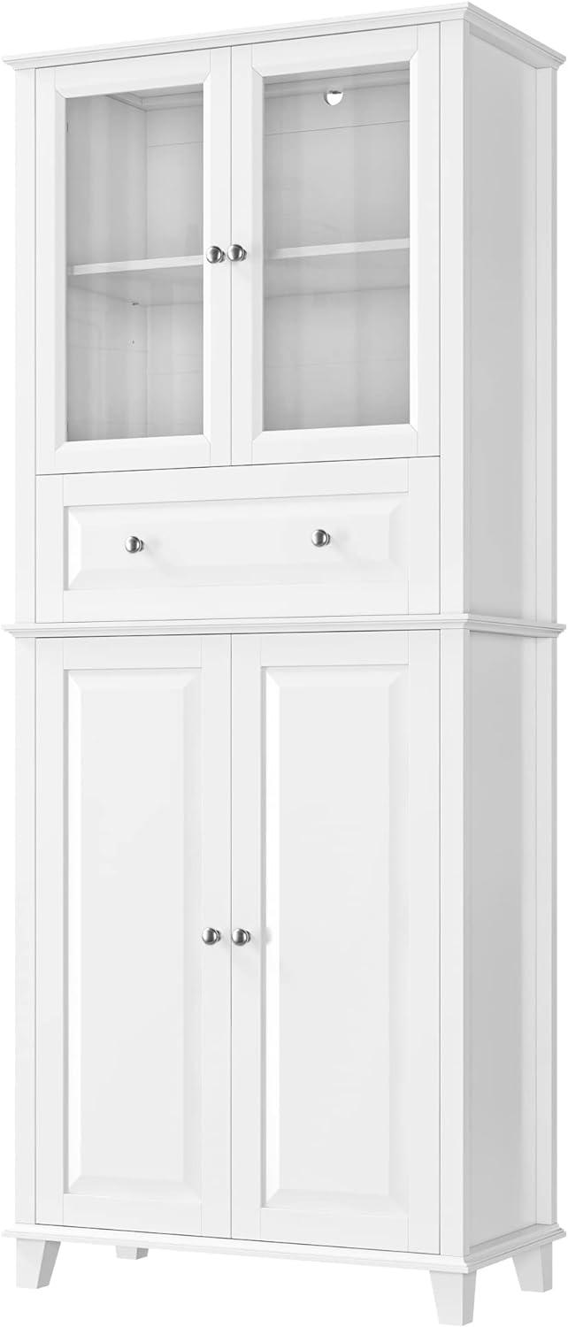 76'' White Freestanding Kitchen Pantry Cabinet with Glass Doors