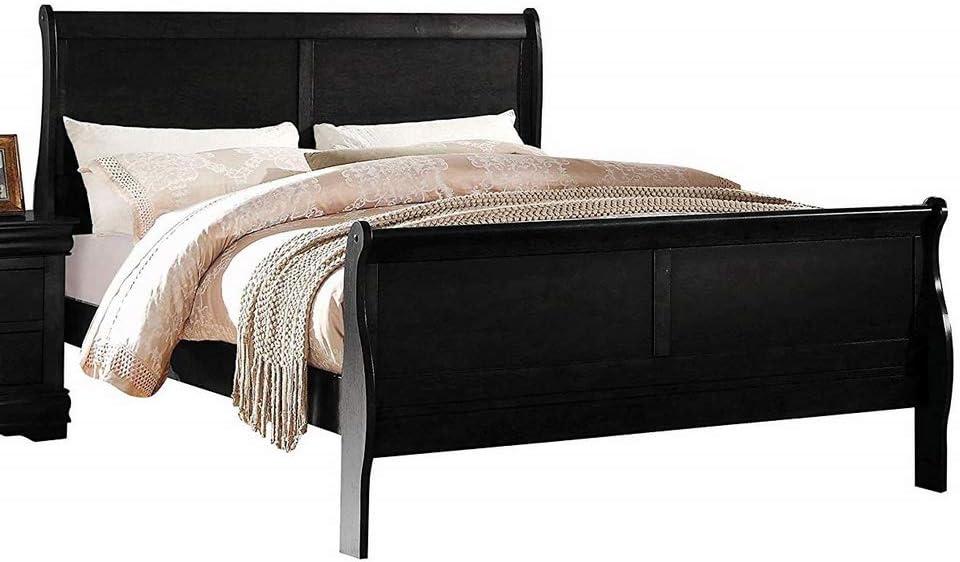 Pine Wood Sleigh Full Bed with Drawer and Headboard in Black