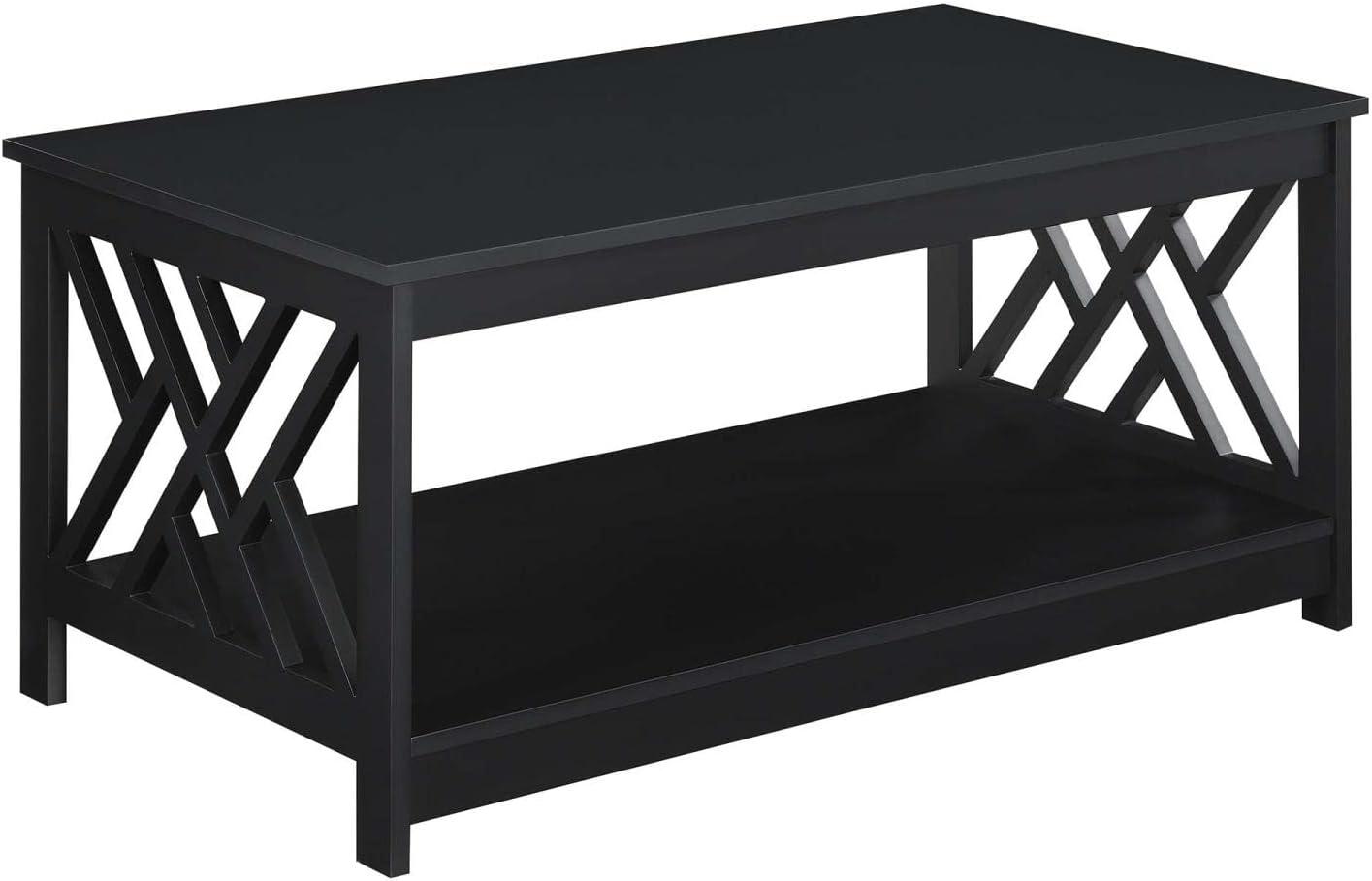 Modern Geometric Black Wood Coffee Table with Open Shelf