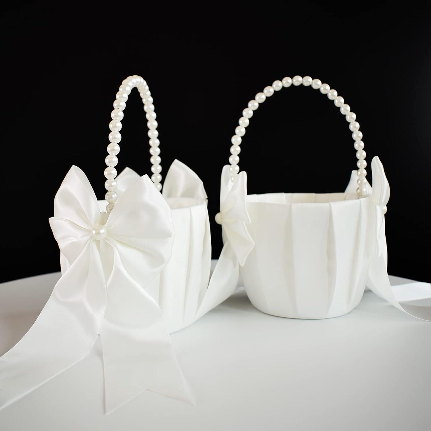 2 PCS Flower Girl Baskets Set- Cute Cherish Wedding Flower Baskets (Ivory)